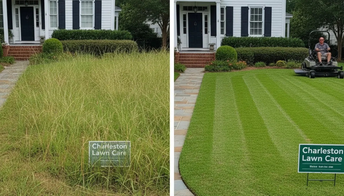 Before and after lawn mowing transformation by Chop Chop Landscaping in Charleston, SC