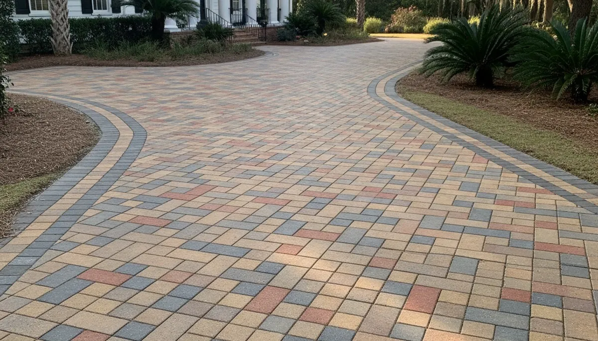 Completed interlocking paver driveway in Charleston SC showcasing professional landscaping craftsmanship