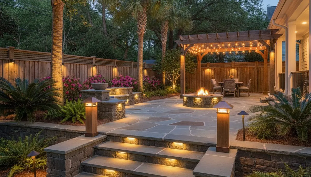 Illuminated deck and patio with post cap and step lights by Chop Chop Landscaping in Charleston, SC
