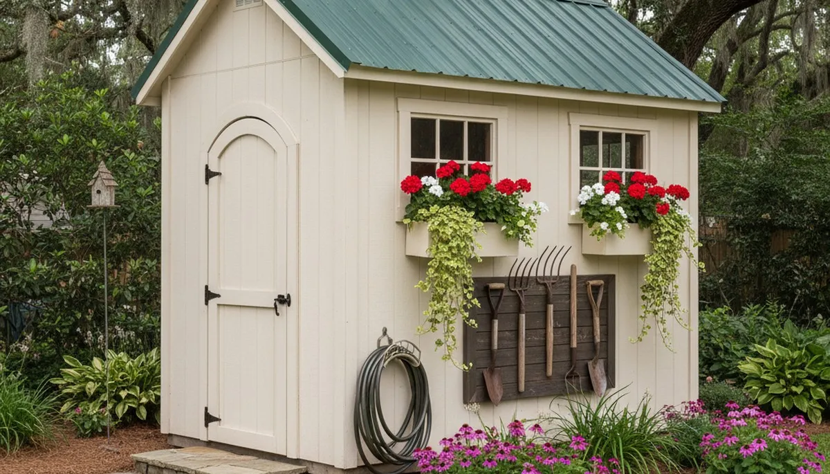 Decorative garden shed with custom landscaping in Charleston SC by Chop Chop Landscaping