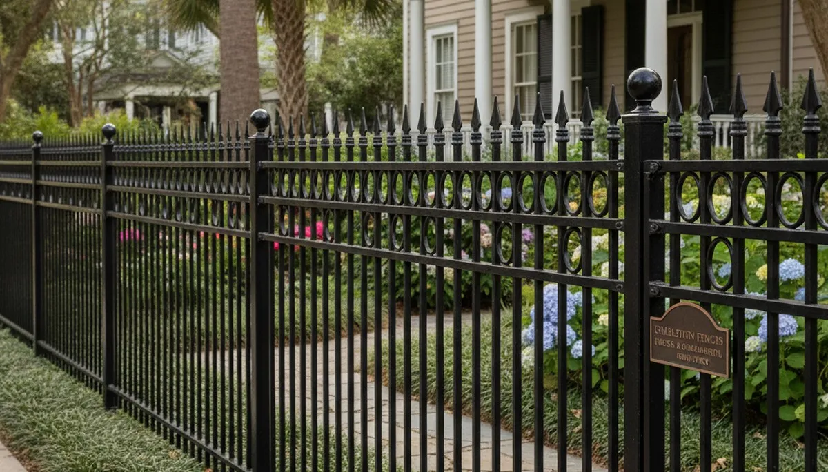 Ornamental black metal fence with decorative detailing by Chop Chop Landscaping in Charleston SC