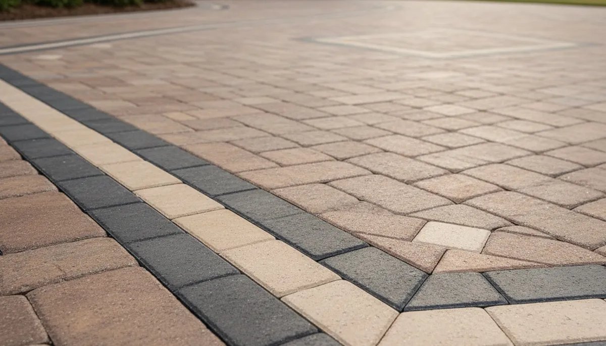 Decorative soldier course paver border with clean edging by driveway pavers in Charleston, SC