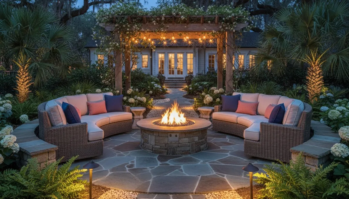 Custom fire pit patio with curved paver seating and landscape lighting in Charleston SC backyard