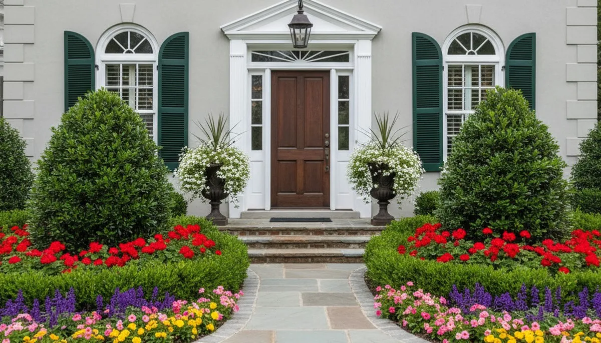 Front yard landscape design with colorful plants and shrubs in Charleston, SC by Chop Chop Landscaping