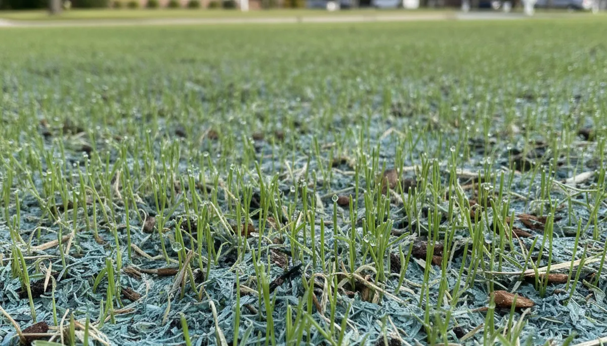 Hydroseeding grass germination with fresh seedlings in Charleston SC lawn by Chop Chop Landscaping