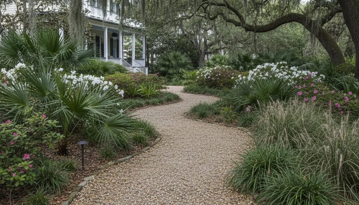 Pea gravel garden path in Charleston SC landscape showing natural design and expert installation