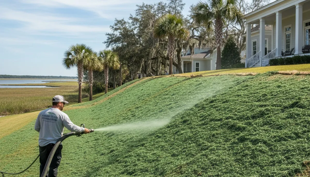 Professional hillside hydroseeding for erosion control in Charleston SC by Chop Chop Landscaping