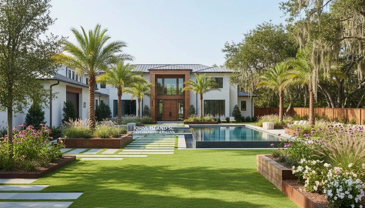 Charleston, SC landscaping design for a residential outdoor living space with lush plants and hardscape features