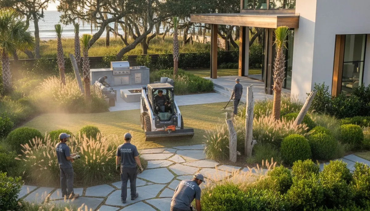 Charleston, SC landscaping design for a professional outdoor living space with lush plants and hardscape features