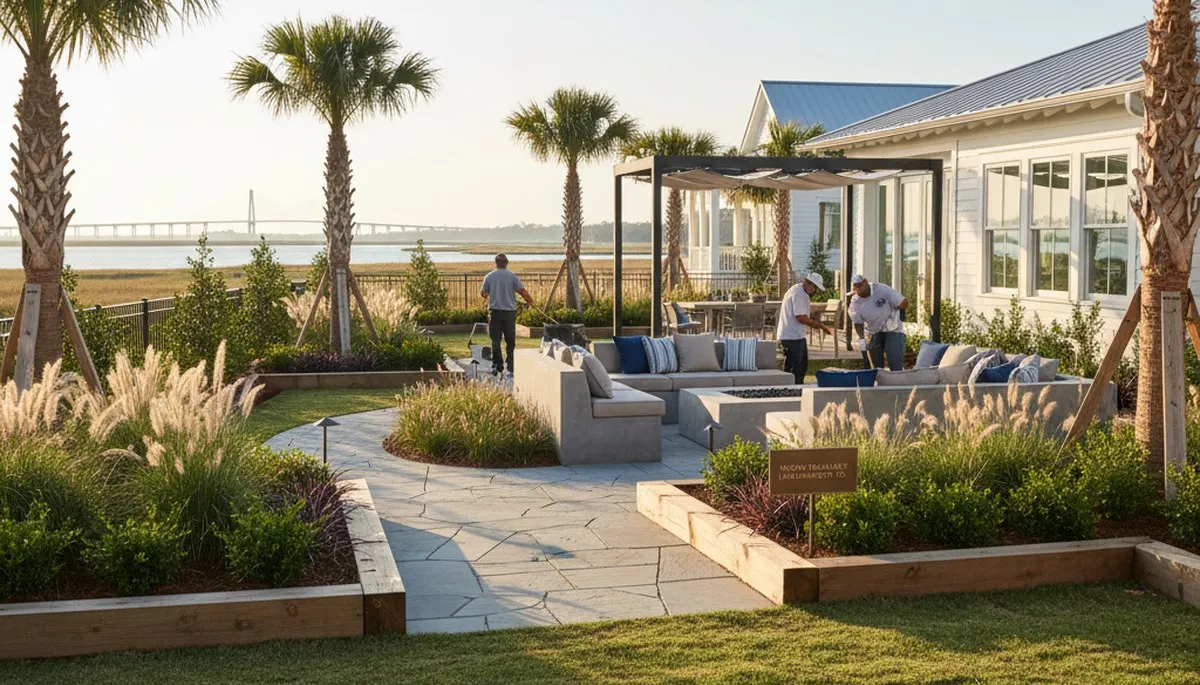 Charleston, SC landscaping team designing a custom outdoor living space for a residential property