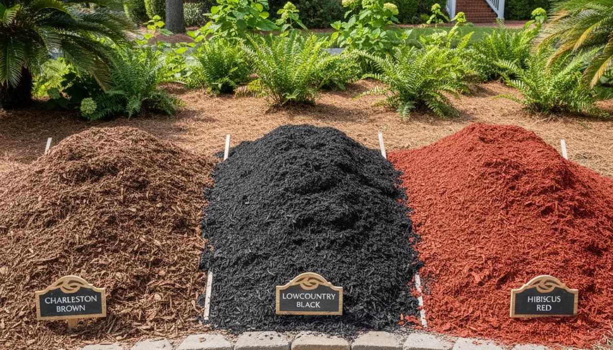 Brown, black, and red mulch options for Charleston SC landscaping by Chop Chop Landscaping