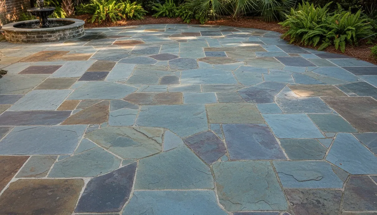 Flagstone patio with natural slate pavers installed by professional landscapers in Charleston, SC