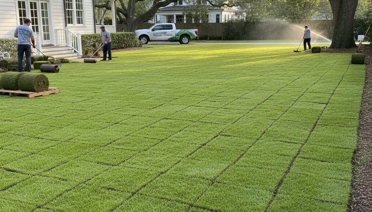 Freshly installed sod lawn showing lush uniform turf after professional installation in Charleston SC