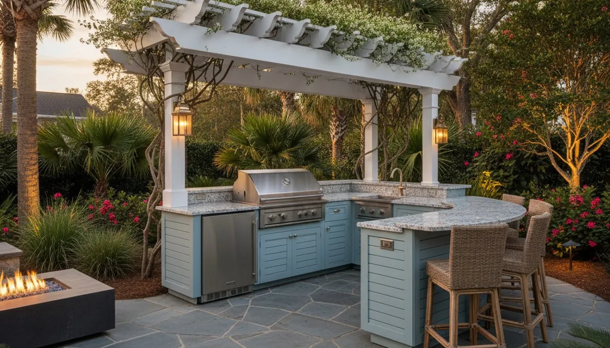 Luxury outdoor kitchen with pergola and native landscaping in Charleston SC backyard design