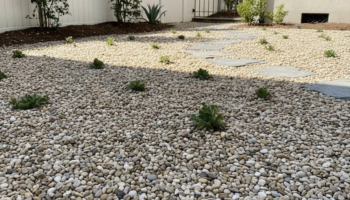 Pea gravel mulch installation at Charleston SC home showing clean, low-maintenance landscape design