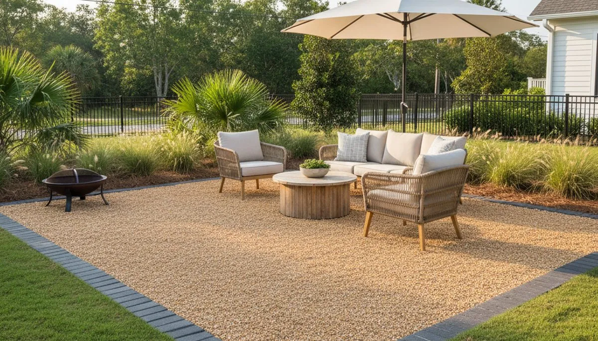 Professional pea gravel patio installation with outdoor seating in Charleston SC by Chop Chop Landscaping