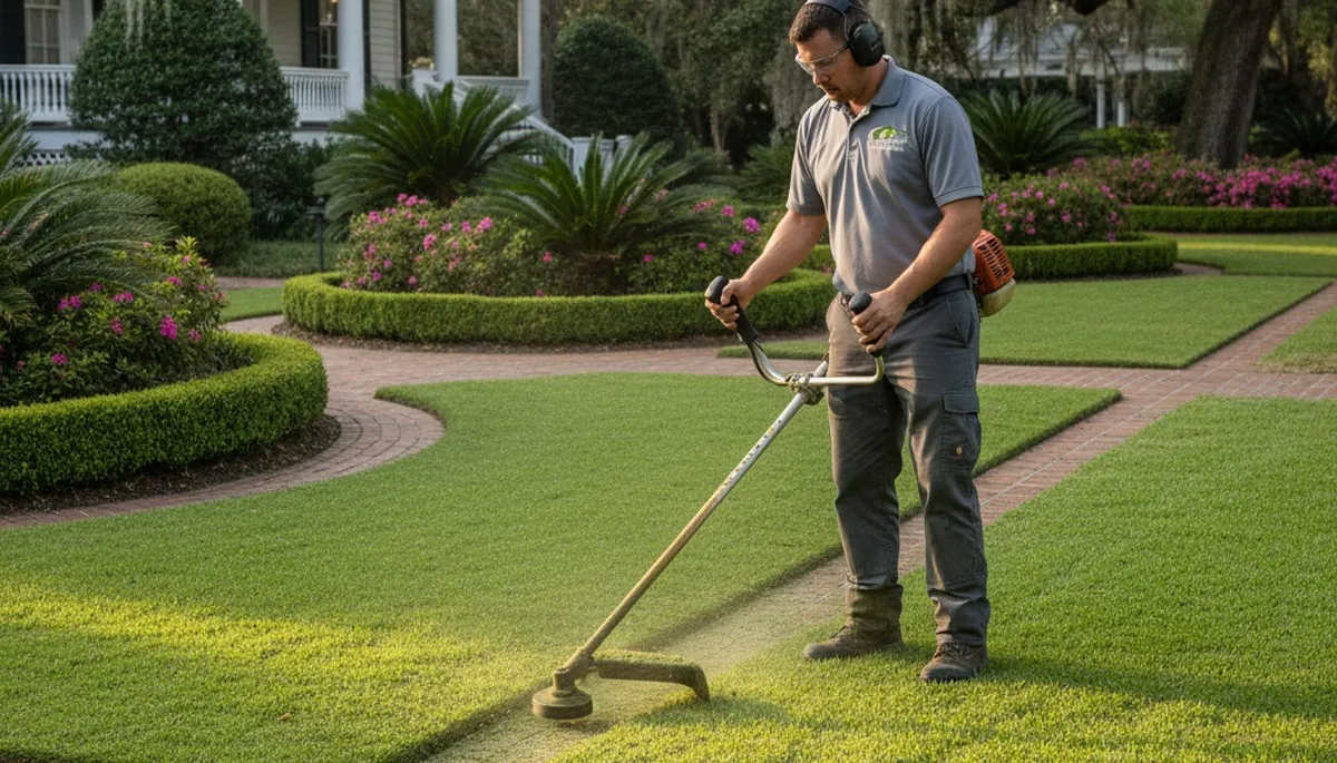Technician edging lawn with string trimmer in Charleston SC for precise landscaping detail work