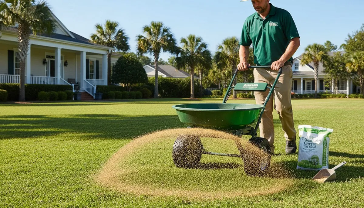 Charleston SC lawn care technician applying fertilizer evenly with broadcast spreader for healthy turf