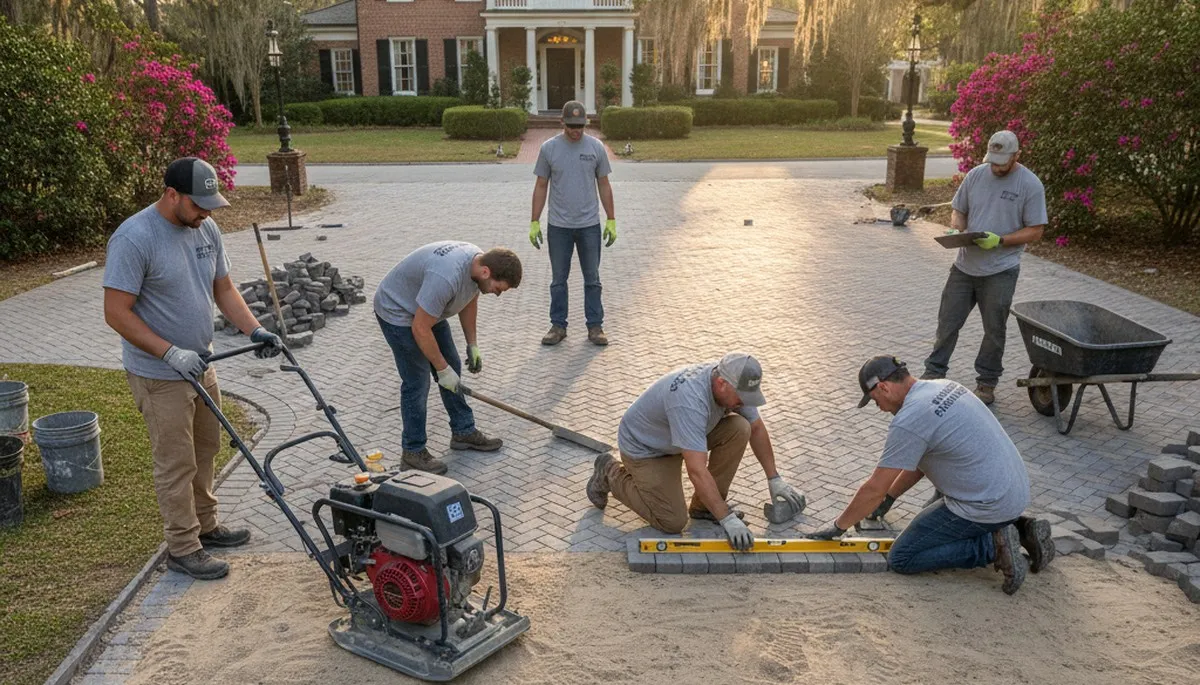 Professional crew installing driveway pavers in Charleston SC, showcasing expert landscaping craftsmanship