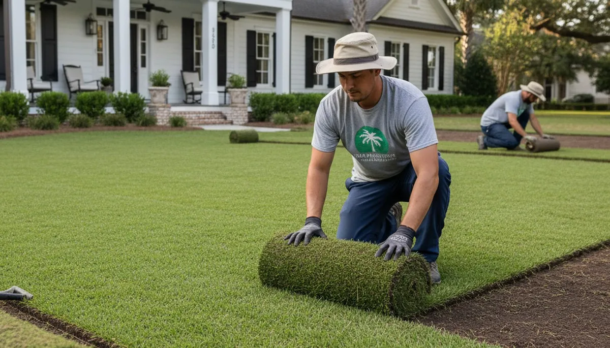 Professional landscaper installing fresh sod with precision in Charleston, SC lawn renovation project
