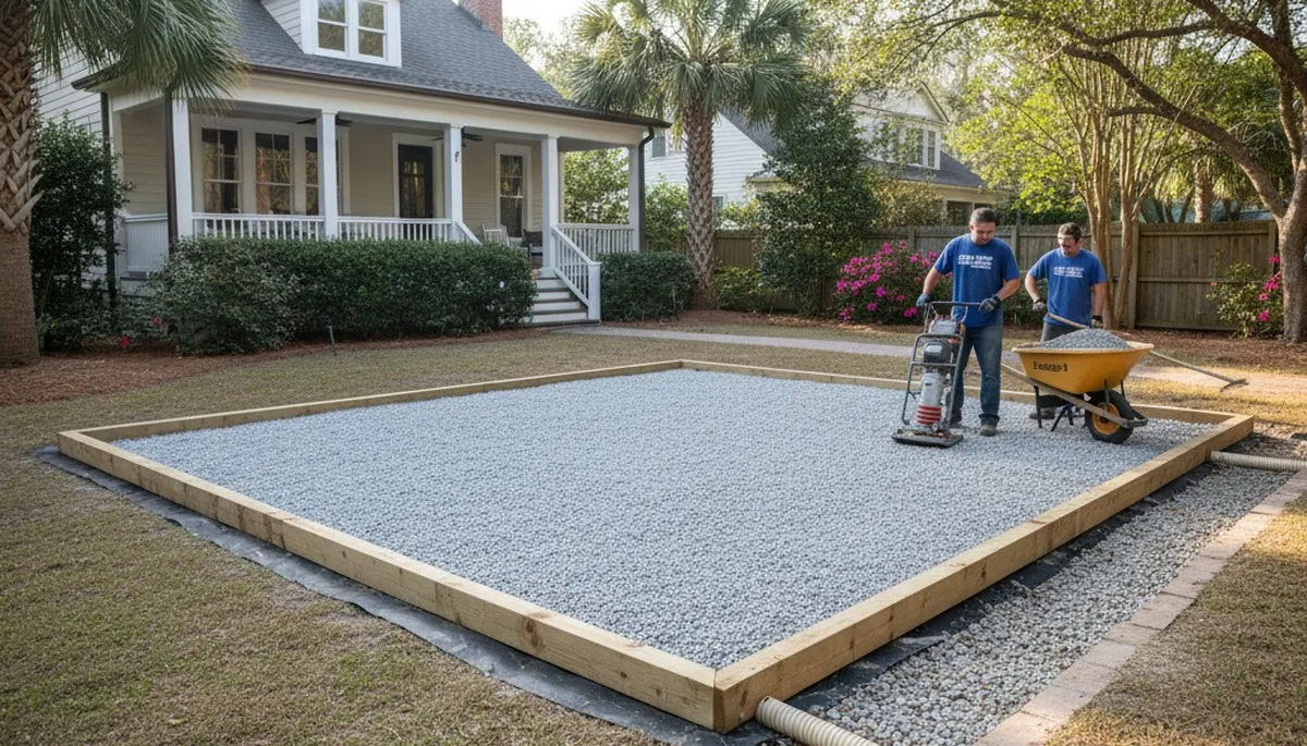 Level gravel and concrete shed foundation prep with drainage by landscapers in Charleston, SC