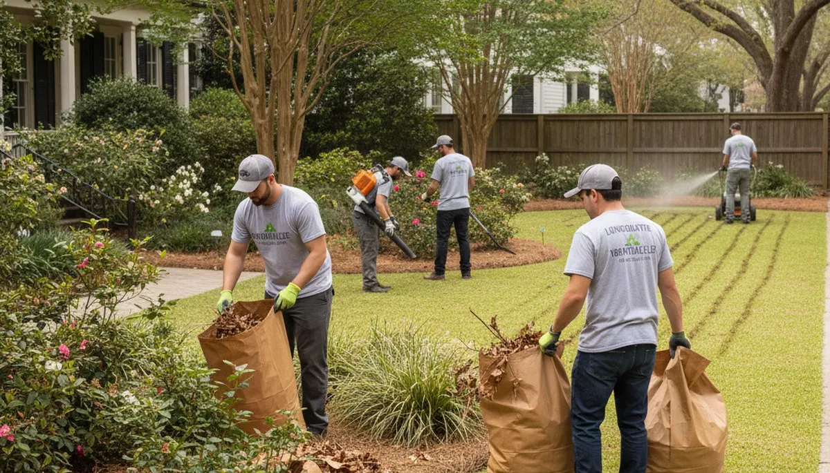 Charleston SC landscapers performing spring yard cleanup, pruning, and debris removal for seasonal property refresh