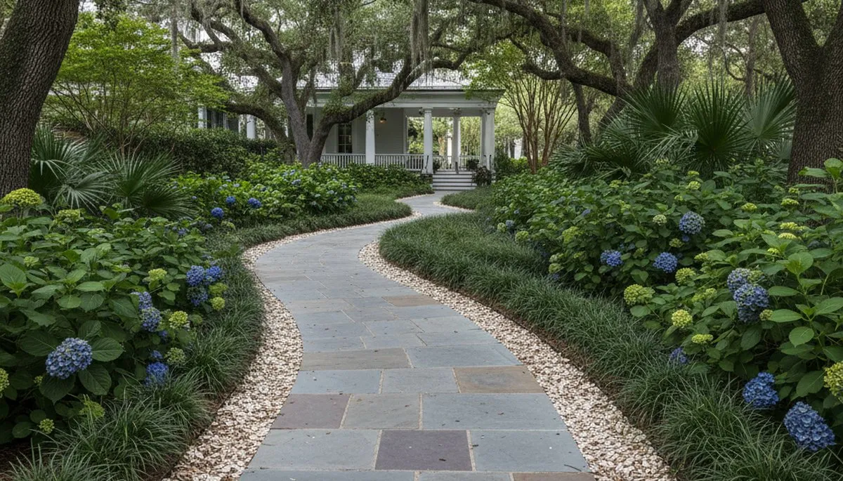 Expert stone paver walkway installation in Charleston, SC showcasing curved path and quality craftsmanship