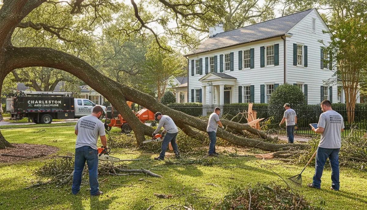 Crew clearing storm debris and fallen branches during yard cleanup in Charleston, SC landscaping service