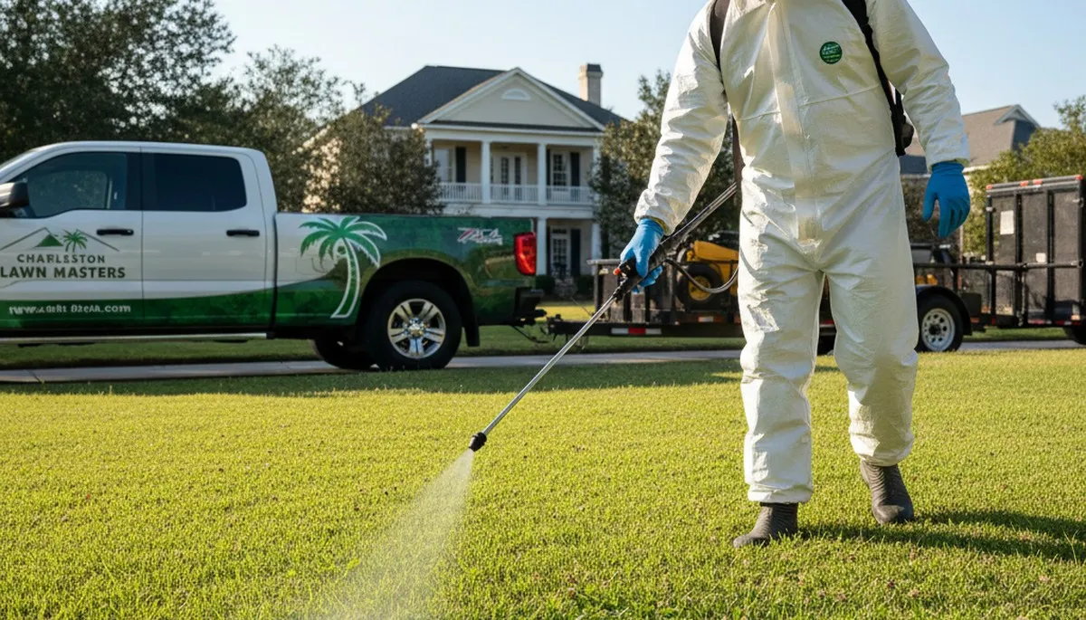 Technician applying targeted weed control on Charleston, SC lawn with precision sprayer and safety gear