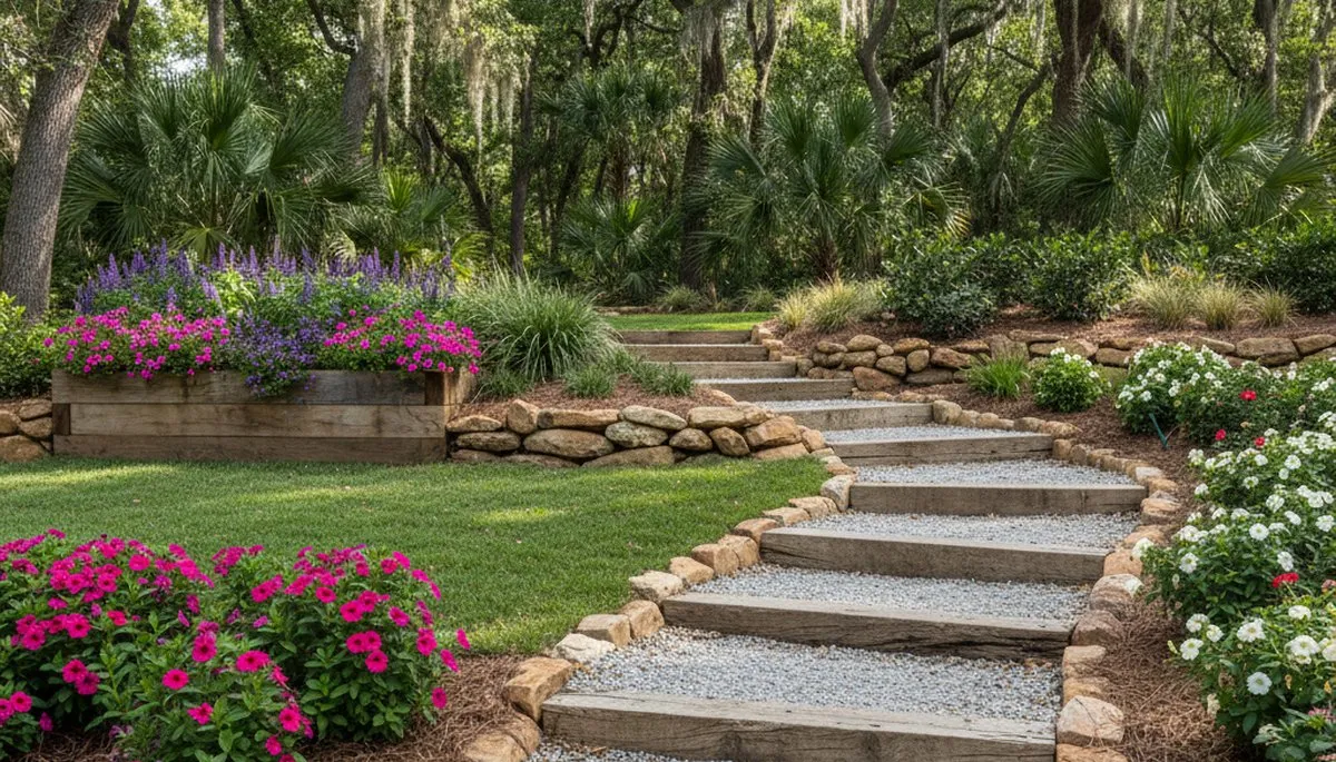 Terraced garden with timber steps and native plants by Charleston SC landscaping professionals