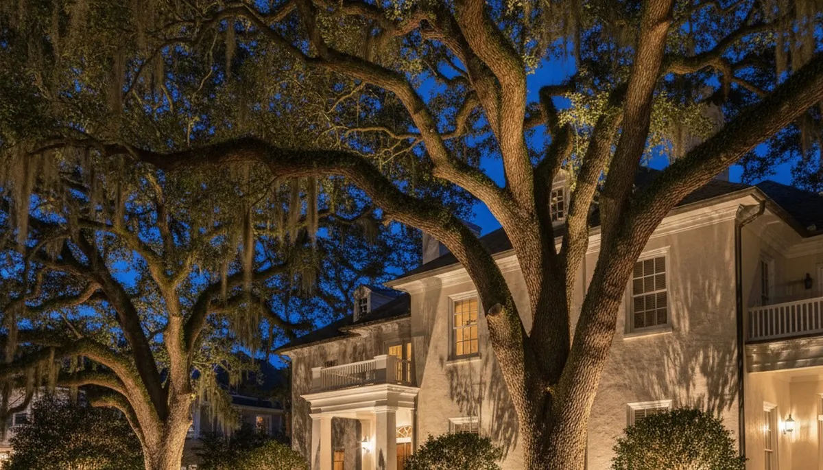 Mature trees with professional uplighting creating dramatic evening landscape focal points in Charleston, SC
